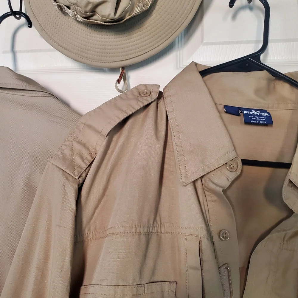 Propper BDU Coat, Battle RIP P/C Shirt & Safari Hat Set Khaki Outdoors Fishing
